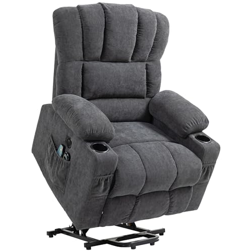 HOMCOM Fernsehsessel mit elektrischer Aufstehhilfe, Relaxsessel mit Liege-, Wärme- und Massagefunktion, Massagesessel mit USB, Fernbedienung, Becherhalter, Seitentasche, Dunkelgrau