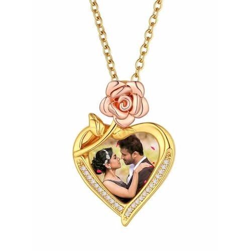 FindChic Customized Heart Photo Necklace Plain/Bling CZ/Rose/Angel Wings/Rotatable 2-Side Picture Pendant Stainless Steel/Gold Plated/Black Valentine's Jewelry Gift for Women Mom Girlfriend