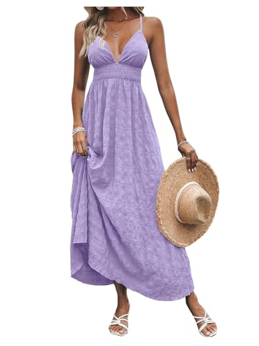 Image of Milumia Women's Summer V Neck Backless Maxi Dress Boho Spaghetti Strap A Line Flowy Beach Long Sundress