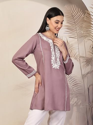 Image of QAZMI Women's Ardra Aari Embroidered Viscose Rayon Full Sleeves A-Line Flared Short Kurti
