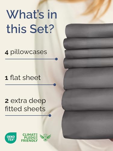 Image of Extra Deep Split King Sheet Set - 7 Piece Breathable & Cooling - Dark Grey | Hotel Luxury Bed Sheets Set, Easy & Secure Fit, Ultra-Soft, Wrinkle & Fade Free, Comfy Sheets Set with Extra Deep Pockets