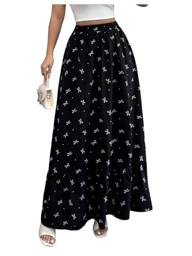 SHENHE Women's Ruffle Maxi Skirt Bow Print A Line Elastic High Waisted Flowy Long Skirt