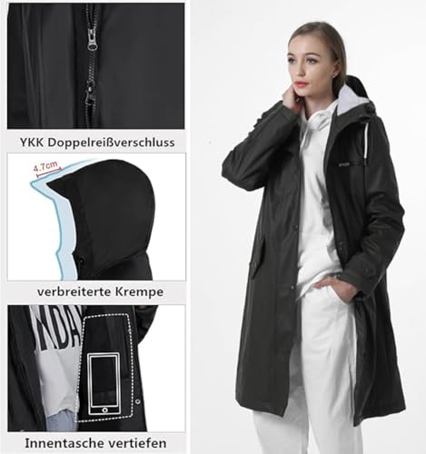 Regenmantel Damen Wasserdicht Regenjacke Winterjacke Damen Lang Wintermantel Warm Gefütterte Friesennerz Übergangsjacke Herbst Softshelljacke mit Kapuze Windbreaker Parka Winter,Schwarz,42