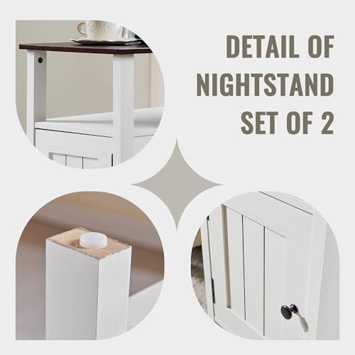 Image of IFBUY Farmhouse Nightstands Set of 2, Narrow Bedside Table with Charging Station, Night Stand Set 2 with Storage & Open Shelf, End Tables w /Groove Barn Door for Bedroom, Living Room-Antique White