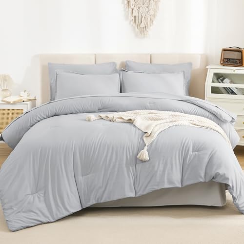 Litanika King Size Comforter Set Light Grey - 7 Pieces Bed in a Bag King Bedding Comforter Sets, Solid Lightweight Bed Set with Comforter, Sheets, Pillowcases & Shams