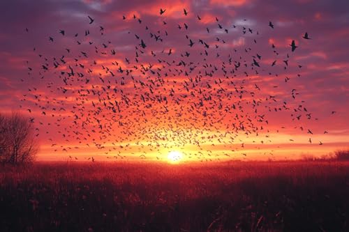 Stamped Cross Stitch Kits, Starling Murmuration at Sunset, Needlepoint Counted Cross Kits for Beginners, Embroidery Kits Arts Home Decor(11CT No Frame,16x20 inch)