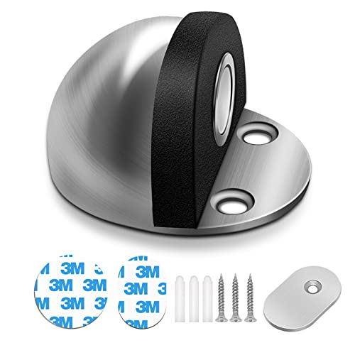 Door Stopper, Adhesive Magnetic Door Stop Stainless Steel Floor Mounted Door Stop, Brushed Satin Nickel, Magnetic Door Holder, Silver No Drill