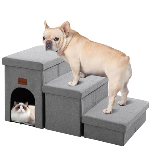 JOLLYVOGUE Small Dog Steps, Cat Stairs with Storage, Non-Slip Dog Steps for Beds Couches, Foldable Pet Stairs Helper for High Beds, 3-Tiers, Hold Up to 200 lbs