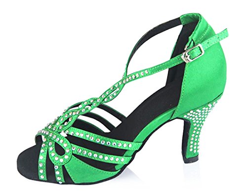TDA Women's High Heel T-strap Crystals Green Satin Salsa Tango Ballroom Latin Modern Dance Wedding Shoes 8 M US