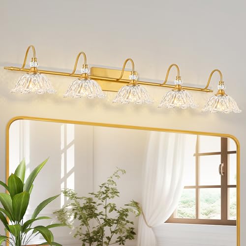 Image of Gold Bathroom Vanity Light, 5-Light Brushed Gold Finish Vanity Light with Floral Clear Glass Shades, Vintage Wall Mount Lighting for Bathroom, Dressing Table