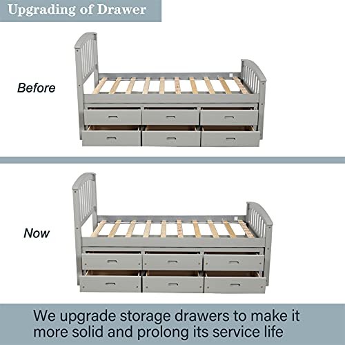 Harper & Bright Designs Twin Bed Frame With Storage Drawers, Solid Wood Captains Bed Frame,No Box Spring Needed (Grey Twin Bed With Drawers) #TOP2