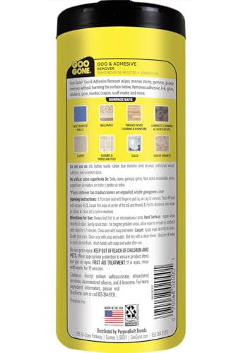 Goo Gone Adhesive Remover Wipes – Removes Stickers, Residue, Grease, Grime, Crayon, Sap, Sticky or Gooey Messes, Pre-Moistened Wipes, 2 Pack, 48 Count