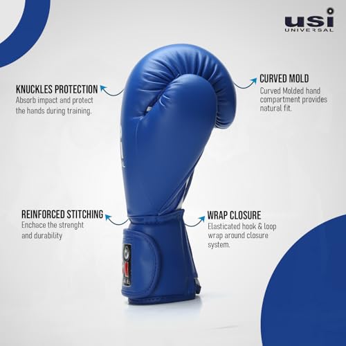 USI UNIVERSAL Boxing Gloves, 609MPU Lite Contest PU Boxing Gloves for Men Women, Moulded Foam Padding, Sweat Wicking Lining, Elasticated Hook & Loop Wrap Around Closure (Blue, 10oz)