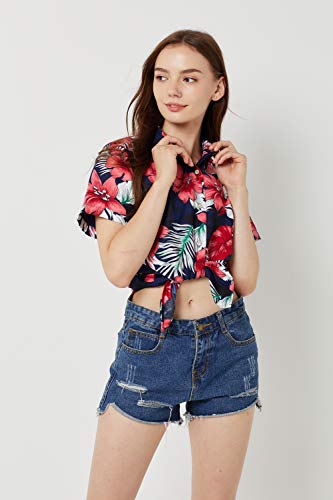 SSLR Women's Printed Short Sleeve Casual Button Down Hawaiian Shirt (Large, Navy(668-65))