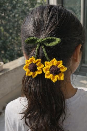 Image of Handmade Crochet Sunflower Hair Tie, Yellow and Brown Floral Hair Accessory with Green Leaves, Elastic Rubber Band for Ponytails and Braids