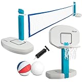XtremepowerUS 2-in-1 Pool Volleyball Set & Basketball Hoop Combo for Swimming Pool, Includes Inflator Pump, Basketball & Volleyball, HDPE Materials, Adjustable Size, Durable Outdoor Sports Equipment