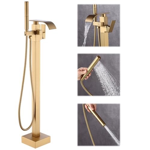 ALGRTS Waterfall Freestanding Bathtub Faucet Floor Mount Bathroom Tub Filler Shower Faucets with Handheld Sprayer Brushed Gold