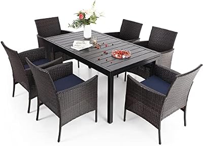 Sophia & William 7 Pieces Patio Dining Furniture for 6-8 People, Outdoor PE Rattan Chairs and Expandable Rectangle Metal Table Set, Modern Outside Dining Set with Cushions for Porch, Backyard, Terrace