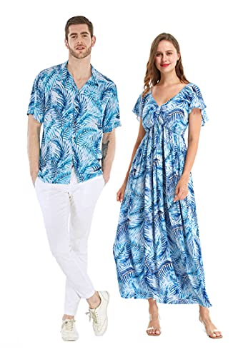 Matchable Couple Hawaiian Luau Shirt or Rahee Maxi Dress in Simply Blue Leaf