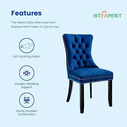 Btexpert High Back Blue Velvet Tufted Upholstery, Solid Wood-Accent Nail Trim, Ring Leisure Side Living Room Bedroom Coffee Upholstered Dining Chair Set Of 2, Large #TOP3