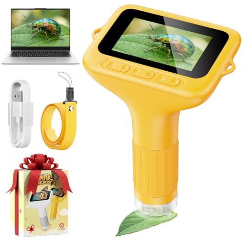 ASPOVEN Digitales Mikroskop für Kinder 1000x Vergrößerung, Tragbares Mikroskop Kinder mit 3,0 Zoll HD Bildschirm, Fotofunktion und PC-kompatibel, Kindermikroskop für Garten, Wald & Outdoor (Gelb)
