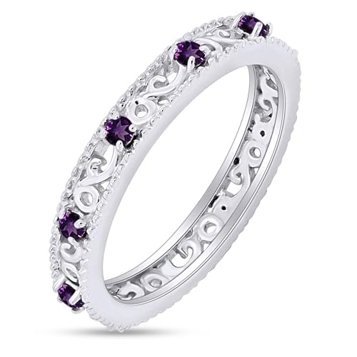Filigree Eternity Wedding Band Ring for Women Amethyst 925W Silver,9.5