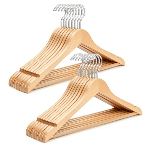 TOPIA Premium Wooden Hangers with Extra Thick Hook and Non Slip Pants Bar, Luxury Suit Hangers for Closet with Notches for Shirts - 16 Pack - CT01N