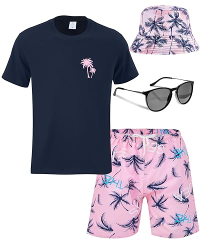4 Pcs Men's Hawaiian Outfit Shirt and Short Set Summer Coconut Tree Tracksuit Drawstring Short Bucket Hat Sunglasses