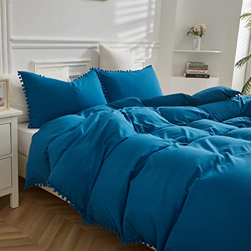 Blue Duvet Cover Double 3 Pcs Pom Pom Bedding Luxury Tassels Quilt Cover, Soft Cozy Microfiber Bedding with Zipper Closure for Home Decor (200 x 200 cm)