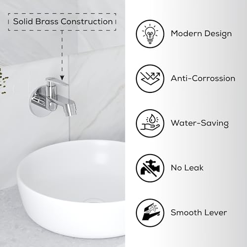 Image of GLOXY Premium Brass Bib Cocke Short Body with Chrome Finish - Short Body Wash Basin Tap Nano Lever with Wall Flange - Bib Cock Tap for Kitchen Sink, Bathrooms, Gardens - 10 Years Warranty