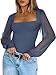 PINKMSTYLE Women's Fall Fashion Classy Mesh Long Sleeve Bodysuit Square Neck Double Lined Body Suits Business Casual Trendy Outfits Starry Blue X-Large
