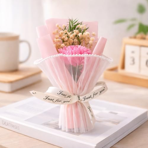 Image of Mini Artificial Chrysanthemum Flower Bouquet with Pearl Net Wrap & inchJust for You inch Ribbon | Small Gift for Valentine, Birthday, Proposal, Home & Desk Decor (Pink)
