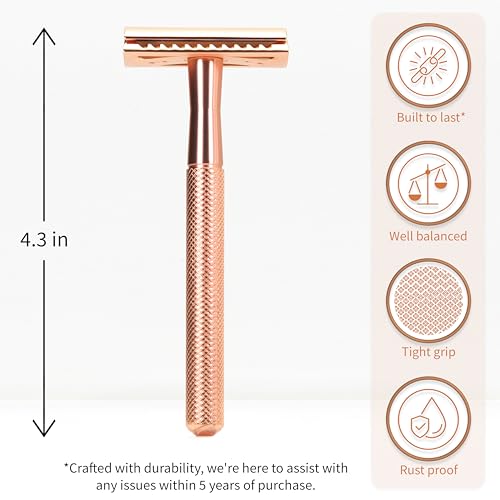 Image of Bambaw Safety Razor for Women with 5 Double Edge Blades, Double Edge Razor, Single Blade Razors for Women and Men, Reusable & Plastic Free - Rose Gold