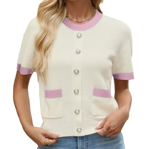 Women's Short Sleeve Sweater Summer Crew Neck Cropped Color Block Tops Casual Knit Shirts with Pockets