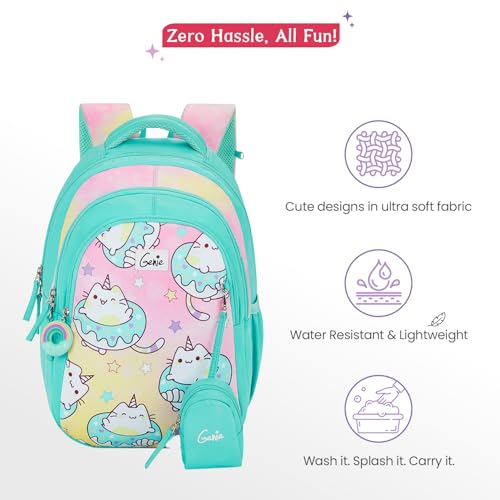 Image of Genie School Backpack for Girls |15 In-20 Ltr with Three Compartments,Side Pockets and Light Weight with Padded Shoulders |Best for Books,Stationery, Lunch Box & Essentials