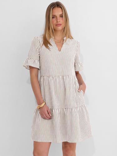 Image of Caracilia Dresses for Women Summer 2026 Striped V Neck Ruffle Sleeve A Line Tiered Flowy Casual Mini Beach Dress with Pockets