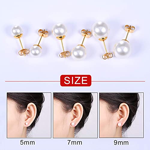 Pearl Earrings for Women 18k Gold Plated Surgical Stainless Steel Post Industrial Ball Stud Earrings 3 Pairs Pack