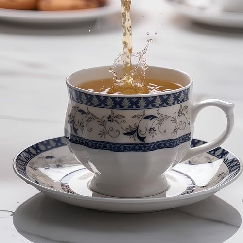 Image of U.P.C. Tea Set With Kettle And Saucer For 6 Servings, 15 Piece Ceramic Tea Service Set Including 6 Cups, 6 Saucers, 1 Kettle, 1 Milk Pot, 1 Sugar Pot, 800 Milliliters Capacity