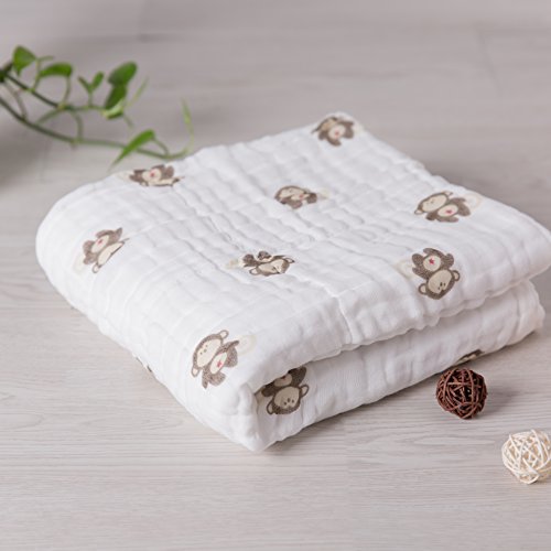 NANPIPER Cotton Muslin Baby Bath Towel, Super Soft and Water Absorbent, 6 Layers Muslin Cotton Warm Baby Blanket for Newborn Infant, Size 42x42 Inches, 1Pcs (Monkey)