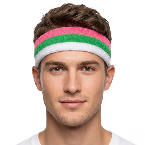 COUVER 3 Color Striped Sports Headband, Bright Pink Green White, 1 PC