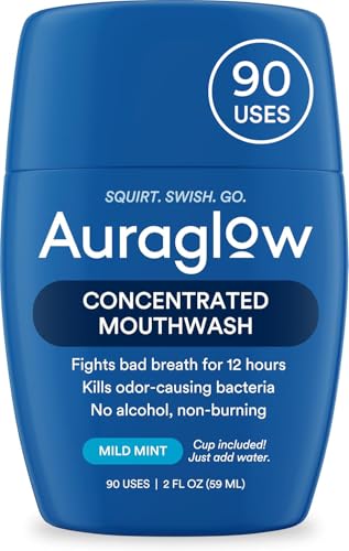 Auraglow Mouthwash Concentrate 90 Uses Alcohol-Free Formula Travel Size Includes Cup Just add Water Fights Bad Breath for 12 Hours Kills Odor-Causing Bacteria Non Burning 2 Fl Oz
