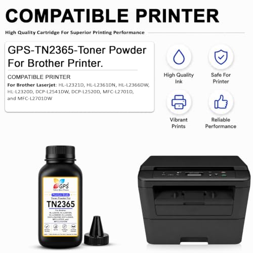 Image of GPS TN-2365 Toner Refill Powder Compatible for Brother HL-L2321D, DCP-L2541DW, DCP-L2520D, MFC-L2701DW, HL-L2361DN | Black | Pack of 1 (100g) | Page Yield: 2,600 Pages