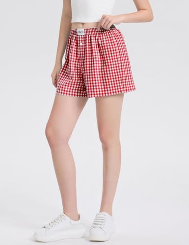 LOMON Womens Boxer Shorts Casual Summer Cotton Pajama Lounge Sleep Pj Gingham Plaid Shorts Y2K Beach Bottoms4