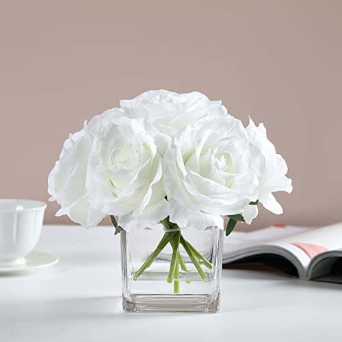 Rubystory 7 Large Stem Rose Artificial Flowers In Vase, Silk Floral Arrangement In Vase With Fake Water For Home Decor, Wedding Table (Cream) #TOP4