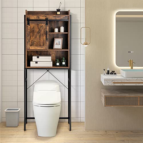 Giantex Over The Toilet Storage Cabinet, 4-Tier Bathroom Organizer W/ 3-Position Adjustable Shelves & Sliding Barn Door, Freestanding Toilet Space Saver Shelf For Bathroom, Laundry (Rustic Brown) #TOP1
