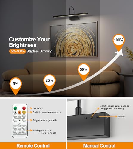 Image of Battery Operated Picture Light with Remote, 24 inch Wireless Rechargeable Art Light with Timer, Dimmable 3CCT Gallery Lighting for Paintings, Portraits, and Canvas (Black)
