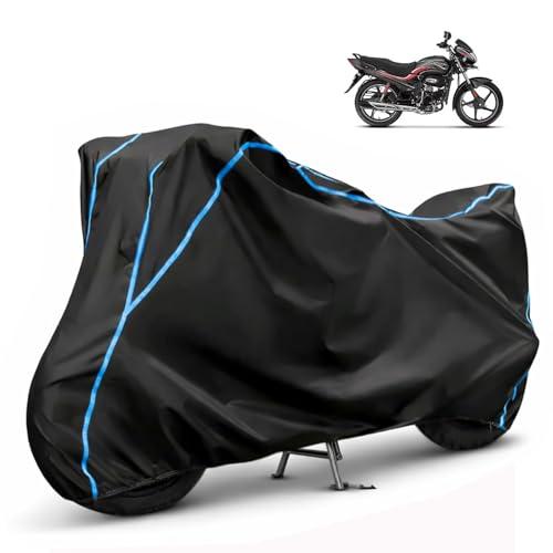 Image of Compatible with Hero Passion Plus Waterproof Two Wheeler Scooter Body Cover Water Resistant, Heavy Duty, UV Rays, Dust & Scratch Protection for All-Modal & Variants (Black,Sky Blue Piping)
