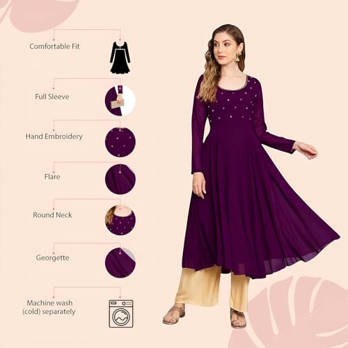 Image of PH POSHAKHUB Georgette Regular Fit Hand Embroidery Anarkali Kurta Set for Women, Yoke Anarkali Kurta for Woman, Ankle Length Anarkali Suit for Women, Full Sleeve Kurti, Dress for Woman