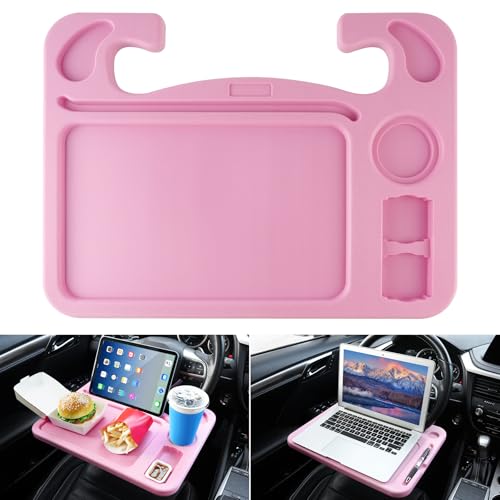 JUSTTOP 4 in 1 Car Steering Wheel Desk for Laptop,Versatile Upgraded Car Seat Tray,Spacious Steering Wheel Table with Tablet Holder and Dual Sauce Racks,Steering Wheel Under Table Console (Large+Pink)