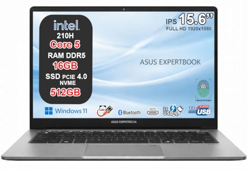 ASUS ExpertBook P1 Notebook, Intel Core 5 210H, 16GB DDR5, SSD 512GB NVMe PCIe 4.0, Display 15,6 FHD Antiriflesso, USB-C Gen2, LAN RJ45, Wi-Fi 6, Bluetooth 5.4, Windows 11 Pro, 24 Mesi Garanzia